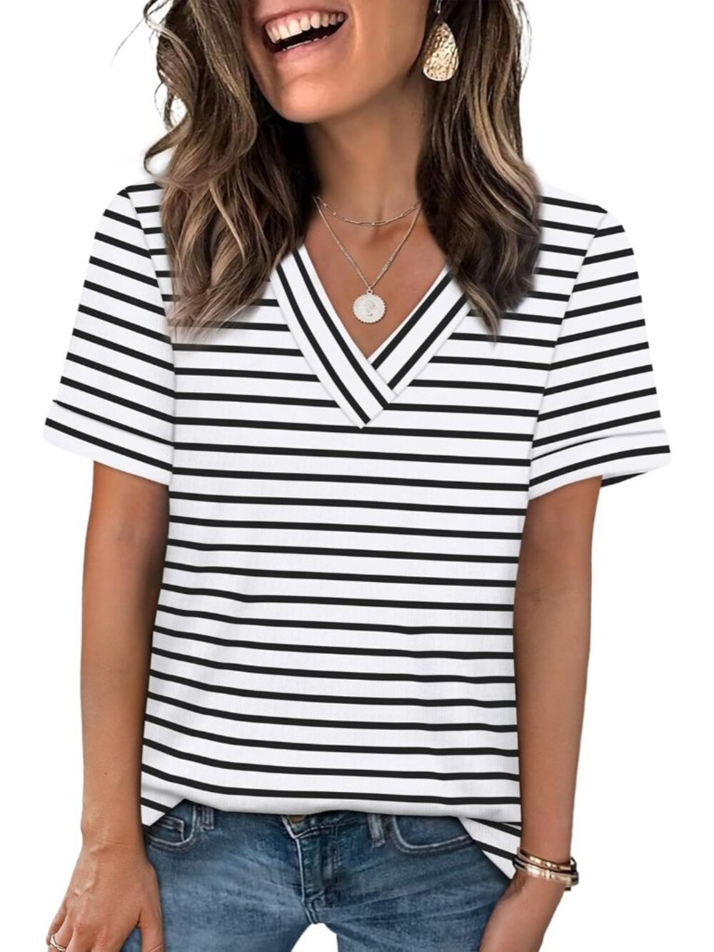 🆕Women's White Stripe Tops Short Sleeve Basic Casual V Neck T Shirts Trendy